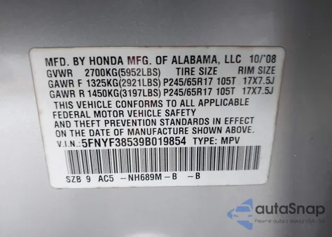 2009 Honda Pilot Ex-L из США, поврежденный, VIN 5FNYF38539B019854